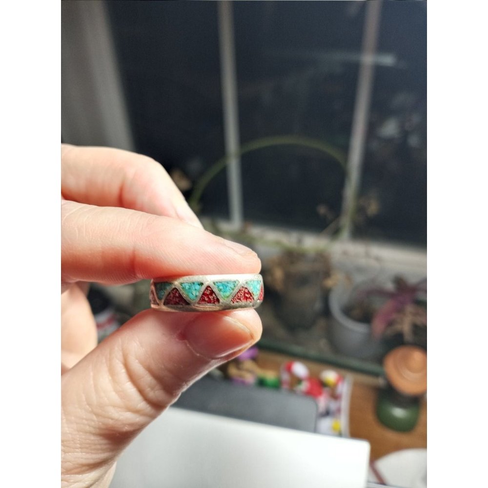 Turquoise  and coral Ring 925 silver setting